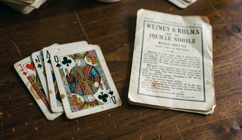 Nineteenth century style playing cards with worn corners on a dark wooden table beside an old printed rule pamphlet