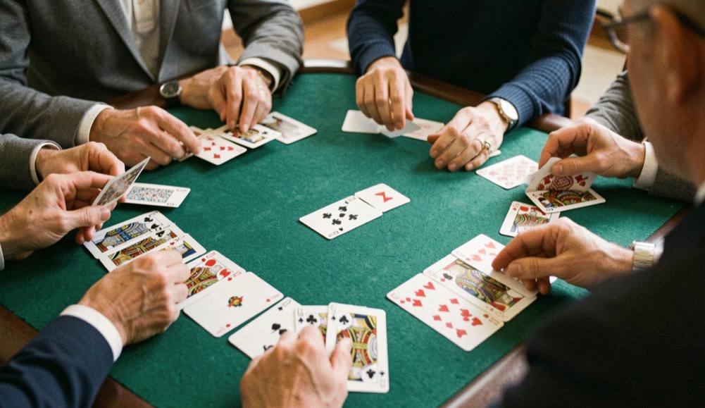 Twenty four card euchre deck being dealt in pairs across a green felt table with the turned card face up beside the dealer