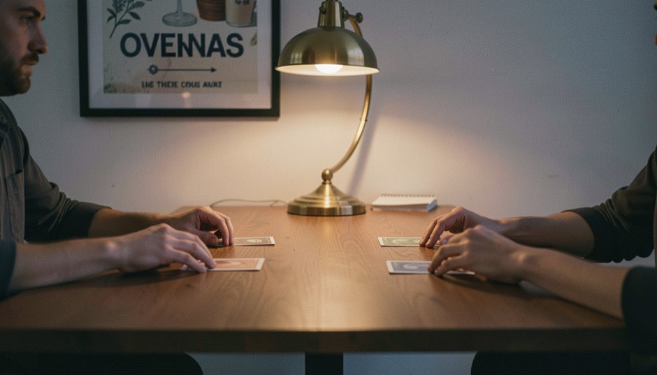 A reading room in a Finnish public library on a winter afternoon, a long table under a row of windows, a stack of newspapers on a wooden holder and a single reading lamp lit against the grey light outside.