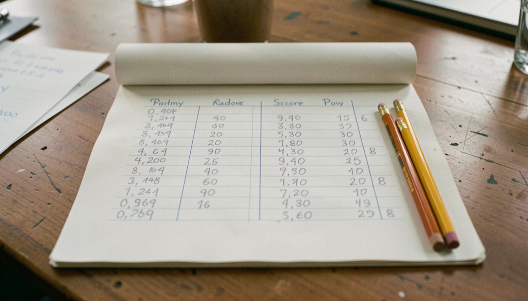 Hand ruled score sheet on a card table with four columns of penciled figures and two pencils resting in the fold