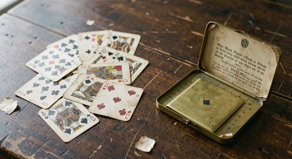 Antique playing cards spread on dark wood with worn corners beside an old paper rule booklet and a brass card case