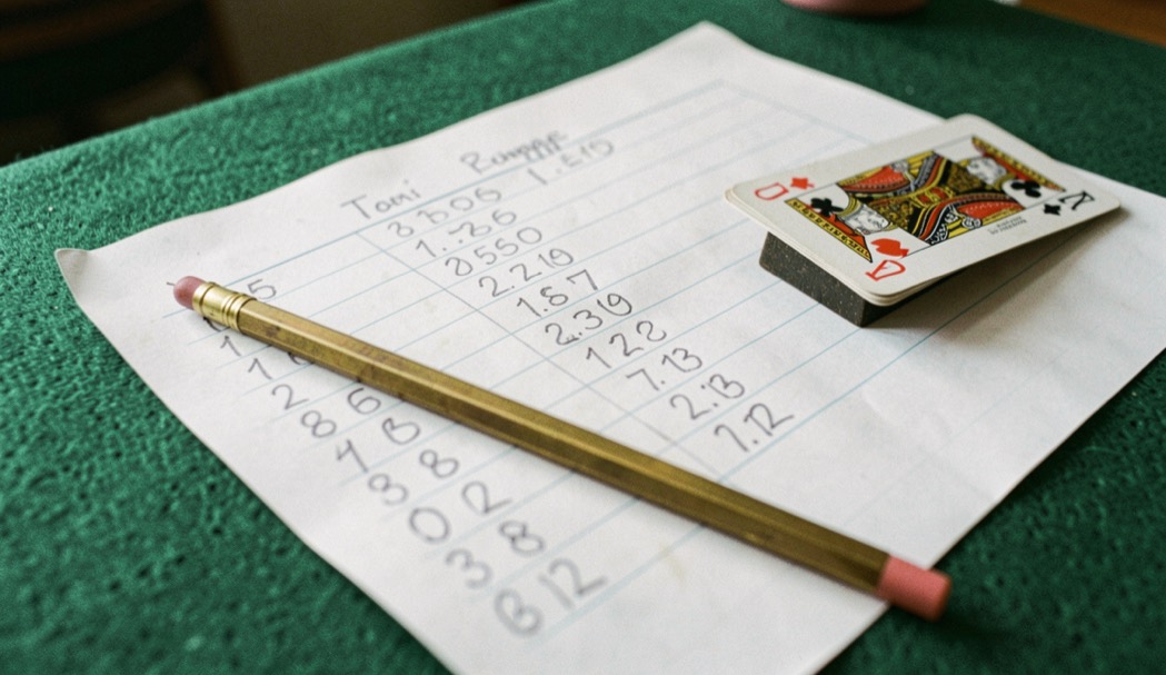 Hand written score sheet on green felt with columns of pencil numbers, a brass pencil and two playing cards used as a paperweight