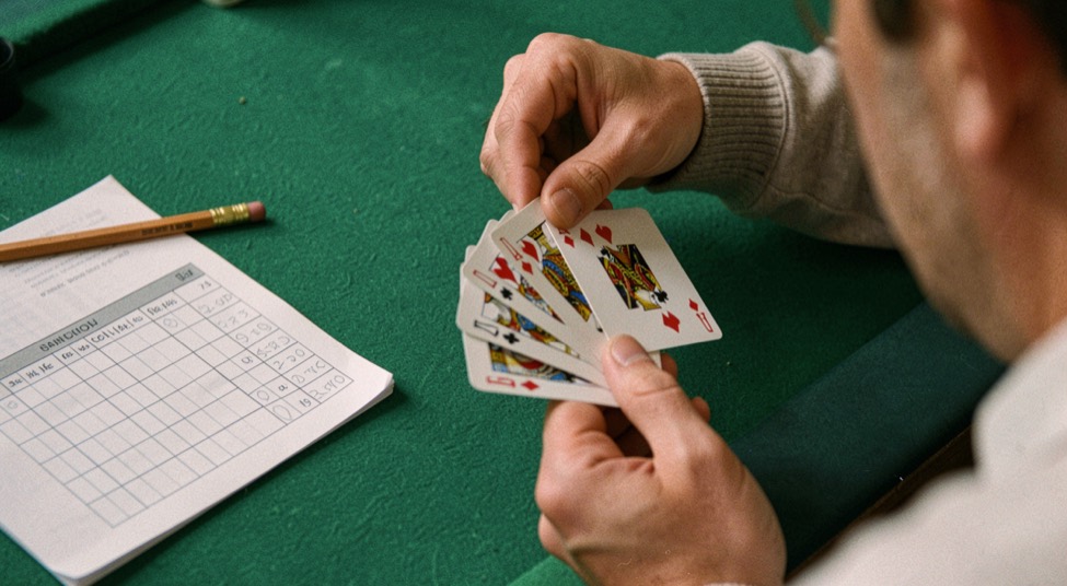 Close view of a player fanning a hand of playing cards over green felt with a pencil resting on a paper score sheet nearby