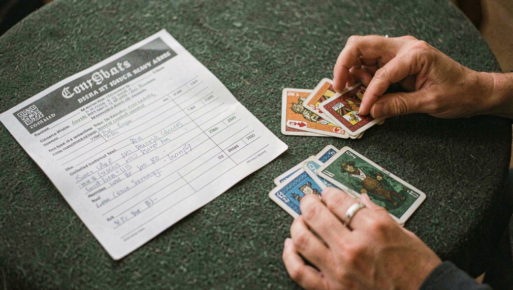 Paper rule sheet with a printed header lying beside four hands of cards ready for play on a felt covered table